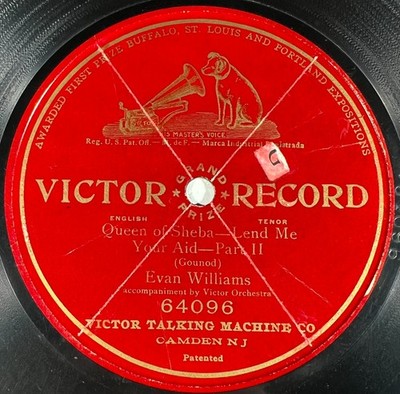 Evan Williams: Queen of Sheba ONE-SIDE 78 TOURS RPM 10'' VICTOR 64096 EX