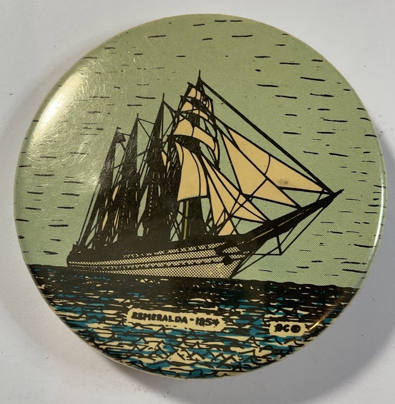 Pin-Back Pin #976-Vintage Button Pin-ESMERALDA-1954-2.25"