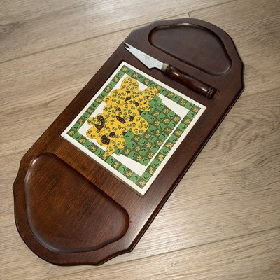 Vintage Cheese Board Attached Knife Wood Tile 70s  Charcuterie Buffet MCM