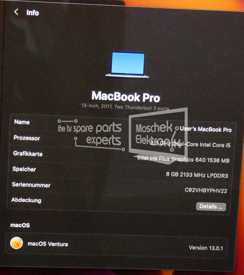 Apple MacBook Pro A1708 13,3" I5-7360U 8GB RAM 256GB SSD Ventura space grey - Bild 3 von 4