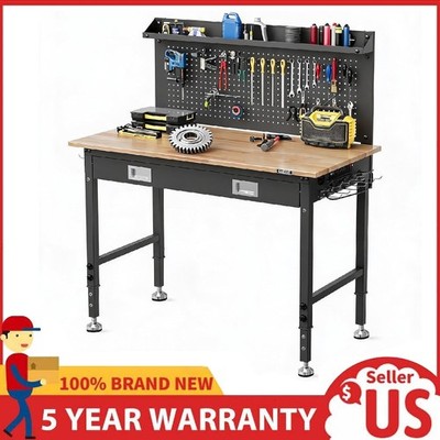 48'' Adjustable Workbench Garage Work Table ,Rubberwood Top w/ Pegboard & Drawers