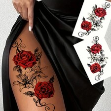 2pcs Red Waterproof Temporary Rose Flower Tattoos for Arm Leg Chest Thigh Women