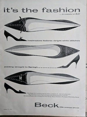 1958 Women's Beck Shoes Pointing to Spring Vintage Fashion art ad
