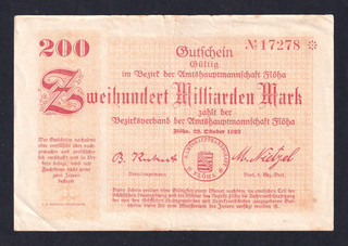 Flöha 200 Milliarden Mark Druck der Rückseite kopfstehend 22.10.1923