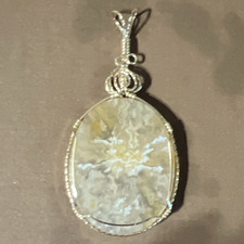 Oval White Stone Wire-Wrapped Pendant Charm, Silver Tone Metal, 1 Gemstone