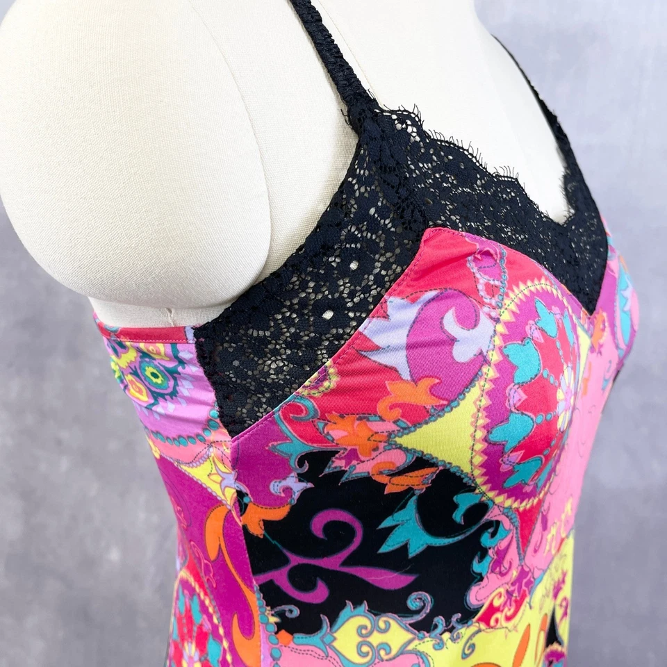 Vestido sin Mangas Josie Natori Para Mujer Cami Satinado Encaje Boho Y2K Festival Bloques de Colores Foto 4 de 4