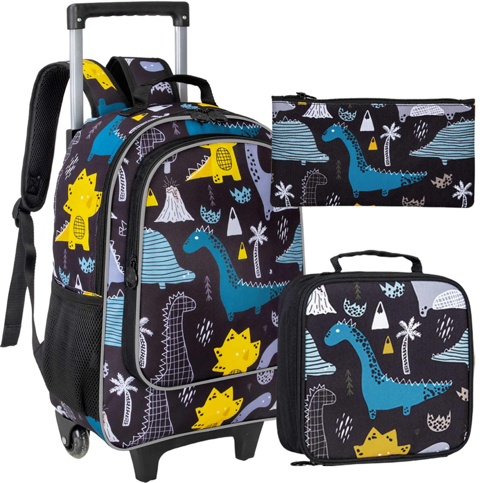 3PCS Kids Rolling Backpack Boys Roller Wheels Bookbag Wheeled School Bag Lunch B