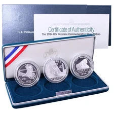1994 P US Veterans Proof Commemorative 90% Silver Dollars 3 Coin OGP Set