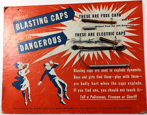 Vintage Blasting Caps Cardboard Warning Easel Sign 1958 13.5x10.5