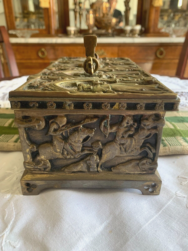 Antq Gothic Medieval Revival Biblical scenes Reliquary Bronze casket/jewelry Box - Foto 11 di 21