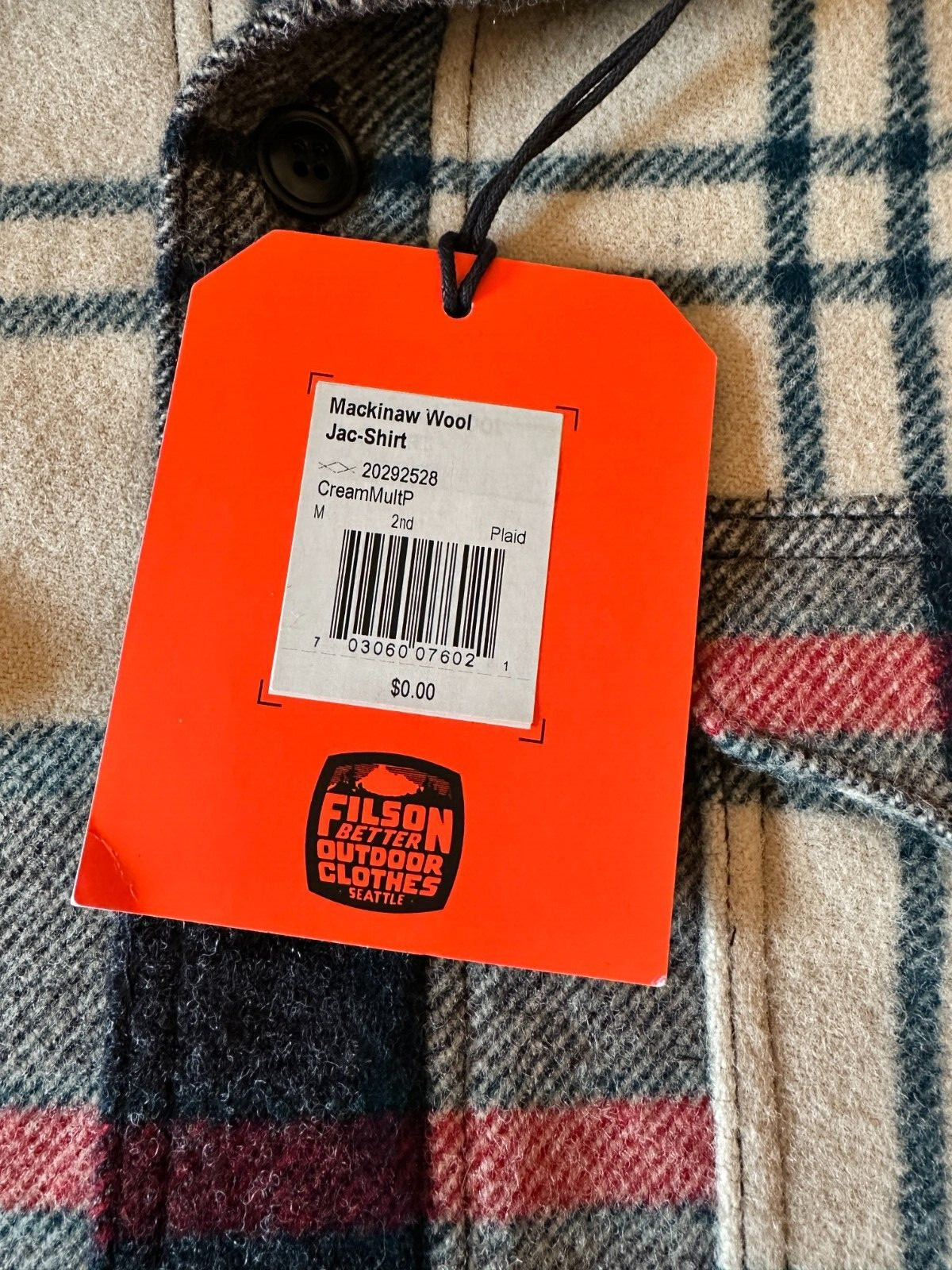 Filson Mackinaw Wool Jac Shirt, CreamMultP, Medium, NWT, Factory 2nd, #20292528