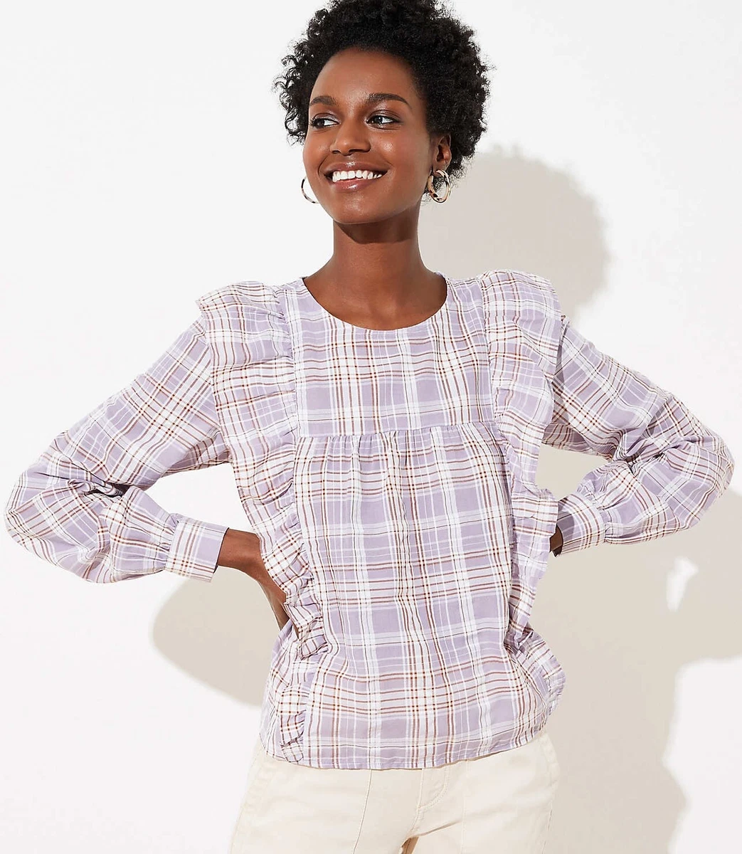 LOFT Plaid Ruffle Top Long Sleeve Pastel Purple Size Large NWT eBay