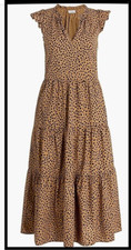NWT  J. CREW ANIMAL PRINT COTTON POPLIN TIERED MIDI DRESS PETITE MEDIUM / CAMEL