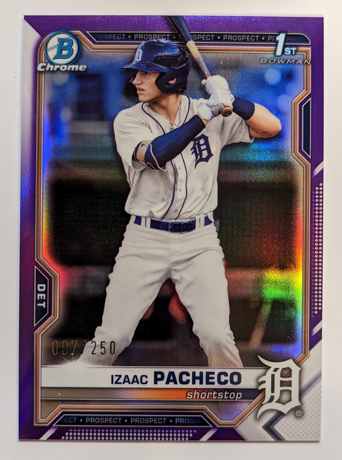🔥 2021 Bowman Chrome 1st  Purple Refractor IZAAC PACHECO BDC-46 /250 Detroit 🔥