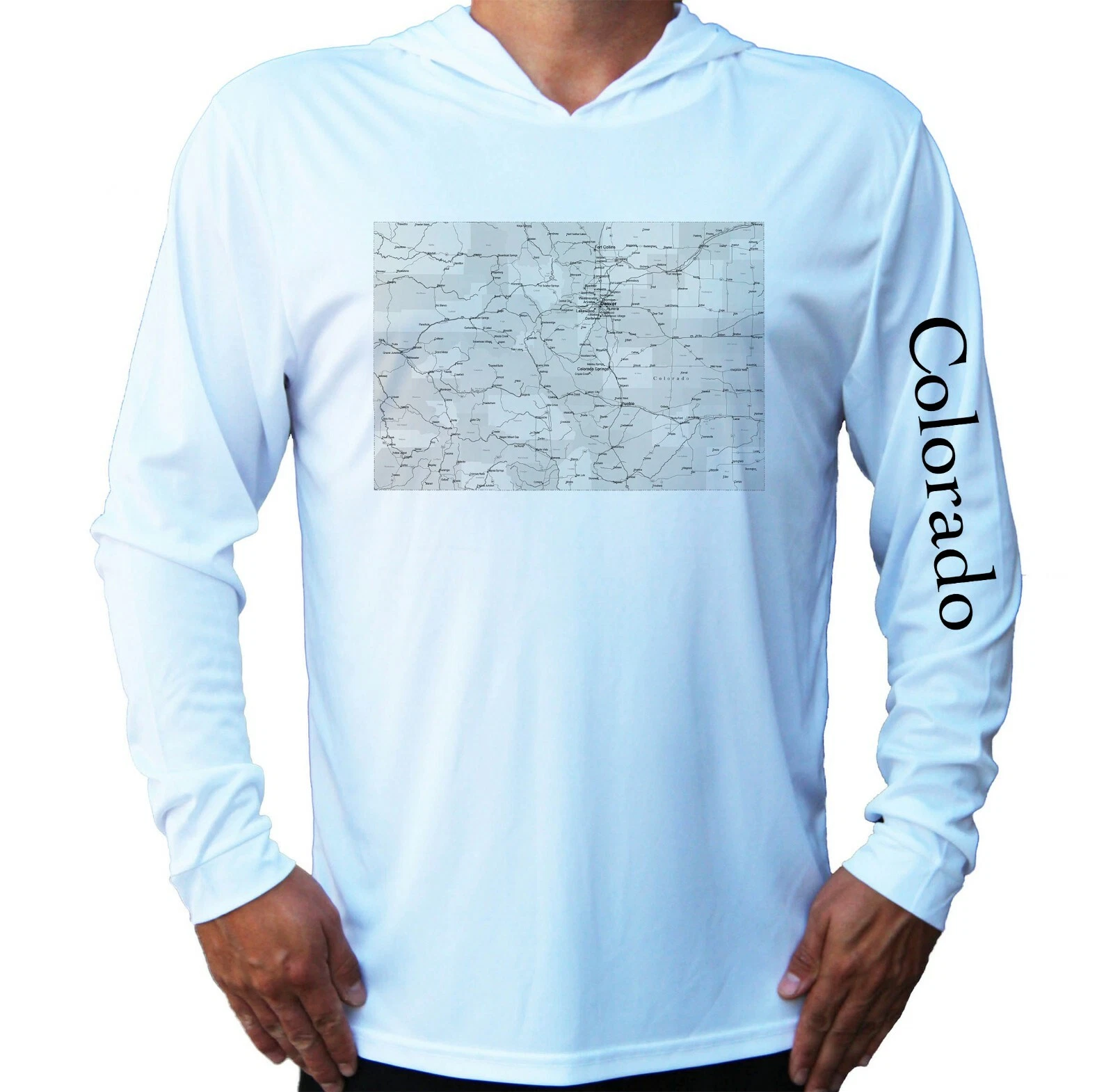 Colorado State Map Sport UV Protected UPF 50 Long Sleeve T-Shirt Hood Fishing