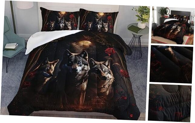 Wolves Comforter Set Size for Boys Girls, Red Rose & 3 Wolves Queen Wolf19