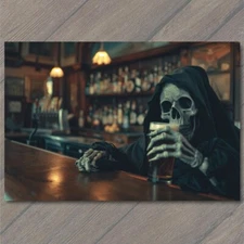 5x7"  Grim Reaper Drinking Beer Bar Death Colorful Unusual Skeleton Creepy
