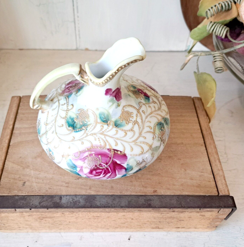 Antique Porcelain Nippon Handpainted Roses Moriage Ewer Vase - Picture 6 of 7
