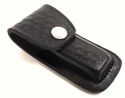 Black Leather Folder Knife Ruger Belt Sheath Pouch Basketweave Snap Fits to 3.5''