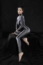 Plus Women Satin Glossy Catsuit Bodysuit - Shiny Onepiece Jumpsuit-Double Zipper