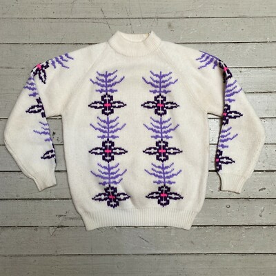 Vtg 1960s Voller Mode Weiß Lila Acryl Strick Hals Reißverschluss Alpine Ski S