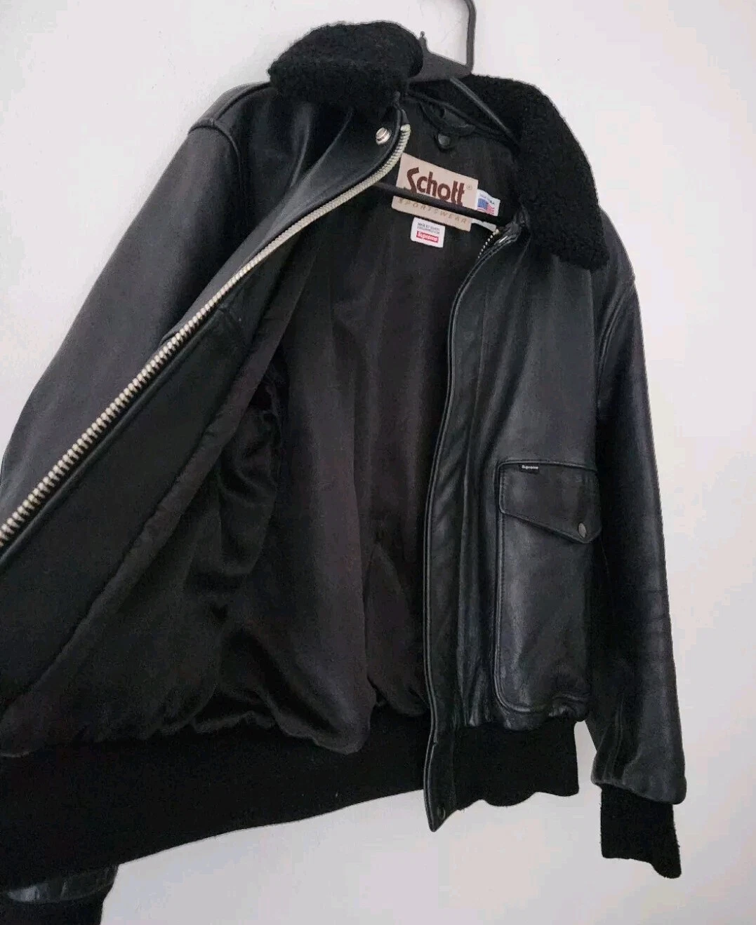 FW16 Supreme X Schott Cuir A 2 Vol Veste de Vache Satin Noir Peau Mouton S