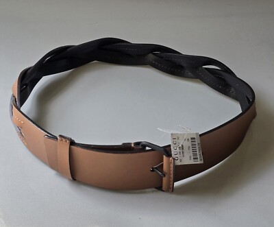 Gucci camel brown leather belt square buckle braided 70-28 100