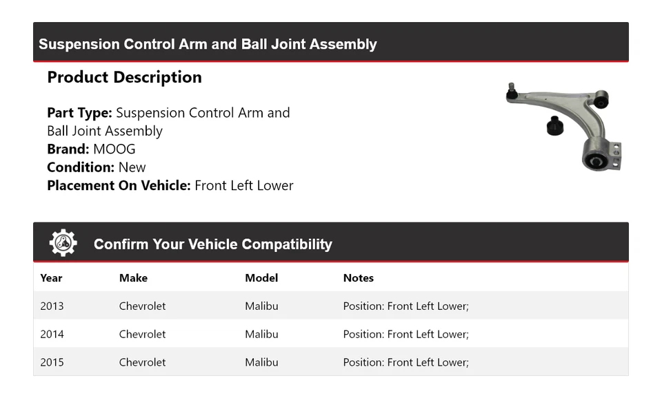 Brazo de control delantero izquierdo inferior MOOG 2013-2015 Chevrolet Malibu 2013 2014 2015 Foto 2 de 3