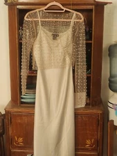 House Of Harlow 1960 Long Satin Slip Dress With Sheer Overtop,"Pearl &...