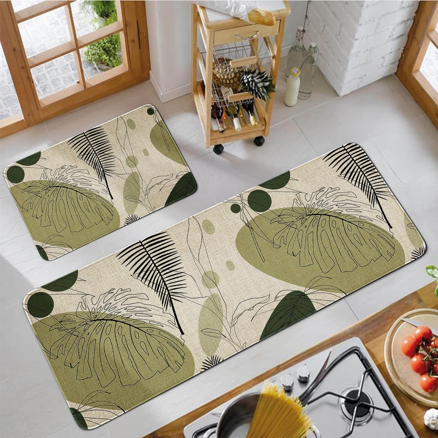 Non-Skid Washable Boho Kitchen Mats Set of 2 Natural Rubber Floor Rugs