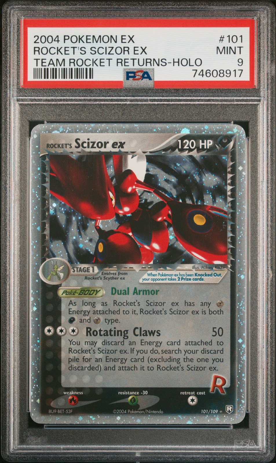 2004 POKEMON EX TEAM ROCKET RETURNS #101 ROCKET'S SCIZOR EX-HOLO PSA 9