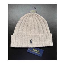 Polo Ralph Lauren Beanie Men's Oatmeal Heather Pony Wool Blend Rib Knit Cuff NEW
