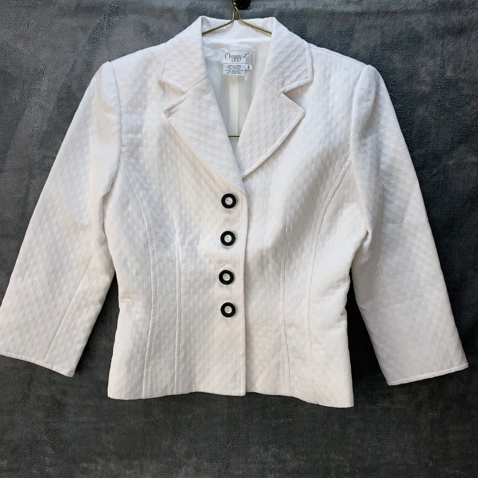 Maggy L белый текстурированный блейзер куртка 3/4 рукав официальный бизнес на пуговицах размер 4 - Изображение 3 из 4
