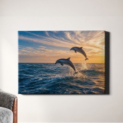 Dolphins Leaping Canvas Print Golden Ocean Sunset Seascape