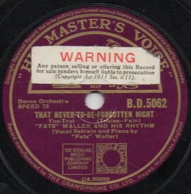 SCHELLACK Fats Waller & His Rhythm Sugar Rose / That Never-To-Be-Forgotten Night