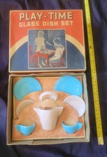 Vintage Akro Agate Co. Play-Time Blue  Pale Pink Glass Dish 8 Piece Set In Box
