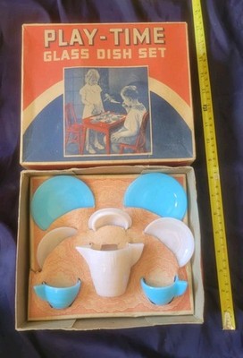 Vintage Akro Agate Co. Play-Time Blue & Pale Pink Glass Dish 8 Piece Set In Box