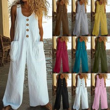 Ladies Summer Overalls Dungarees Linen Cotton Pockets Loose Jumpsuit Pants Tops