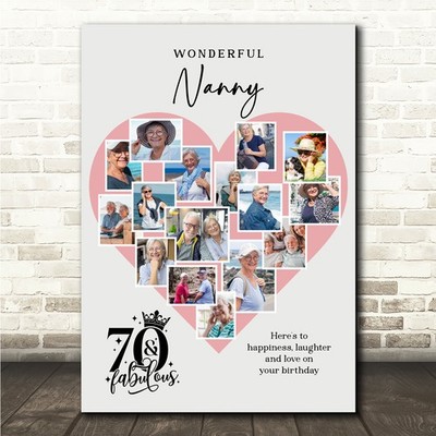 Fotocollage 70. Geburtstag Geschenk für Nanny 16-Foto rosa Herz Druck oder Leinwand