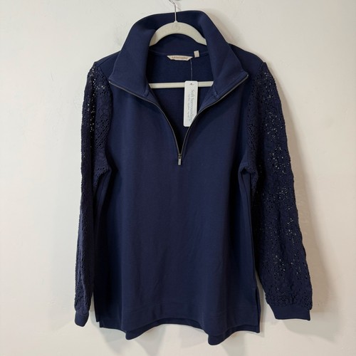 Soft Surroundings Women's Crochet Sleeve French Terry Tunic Sweatshirt Navy NEW