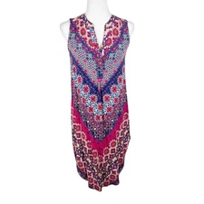 Cupio Dress Women Small Pink Blue Floral Sleeveless Round Hem A-Line Casual