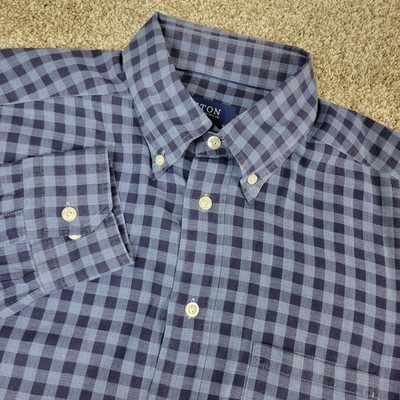 Eton Slim Mens 16.5-42 Large Blue Gingham Check Button Down Long Sleeve