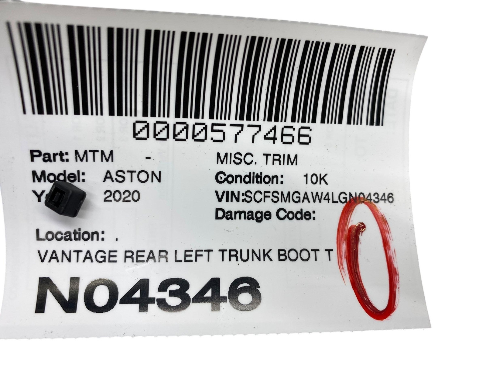 2019-2023 ASTON MARTIN VANTAGE LEFT TRUNK TRIM COVER BLACK CARPET KY63-454K65-AA