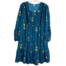 Old Navy Floral Dress Womens XL Teal Blue Velvet Trim Tie V Neck Balloon Sleeve