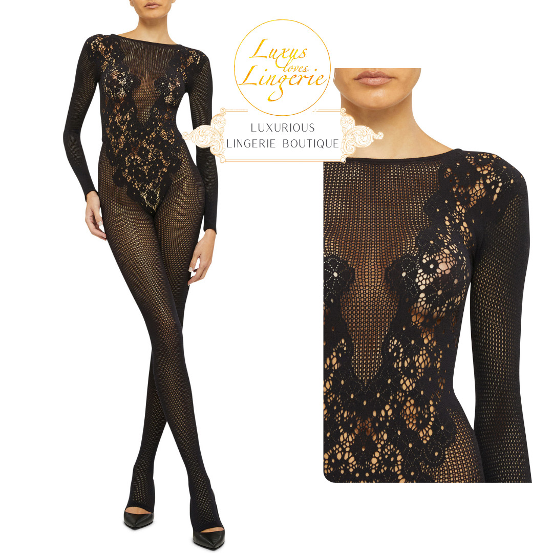 Flower Lace Jumpsuit by Wolford M Black Transparent Net Flowers Catsuit