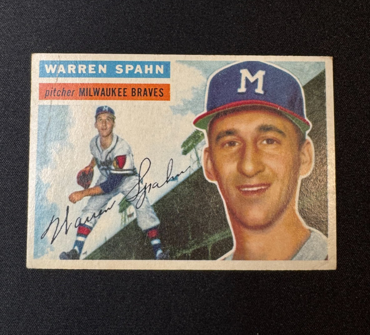1956 Topps - Warren Spahn #10 Gray Back Crease