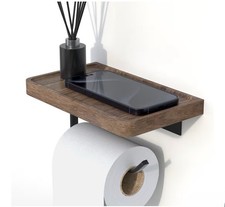 Toilet Paper Holder with Walnut Wood Shelf - Wall Mount  Self-Adhesive Bathr...