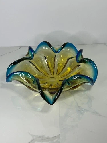 REDUCED-Murano-style art glass bowl amber to blue MCM gift wedding shower