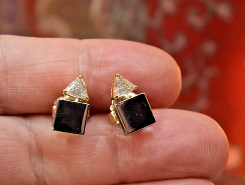 Vintage 14K Yellow White Gold 1.30 tcw Trillion Diamond Earrings - Picture 9 of 13