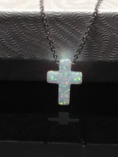 White Opal Cross Necklace 925 Sterling Silver Womens Girls 12mm 17.75" Simulated